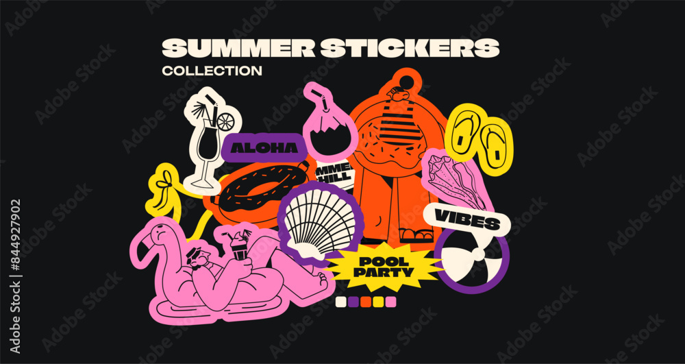Retro stickers summer and pool party. Trendy labels in a minimalist style with cocktails, inflatable rings, mascots, shells. Set of doodle cartoon vector patches in 90s style