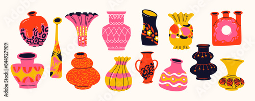 Cartoon bright ceramic flower vases. Porcelain pots, jugs, vases, jars with patterns for home decor. Antique vintage home comfort items. Vector stickers set