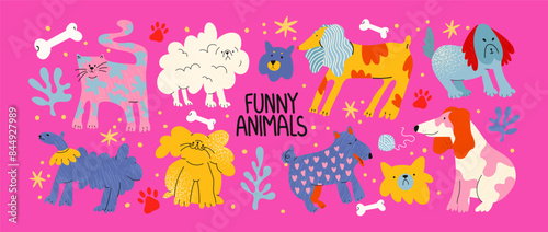 Cute pets cats and dogs in groovy style 90s. Doodle cartoon puppies characters in retro style. Animals veterinarian zoo stickers