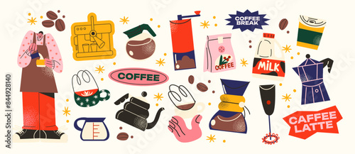 Coffee stickers and barista characters.Coffee makers, kettles,  brewing, arabica coffee, glass,espresso,cappuccino, beans.Graphic doodle minimalist retro icons.Coffee shop patches