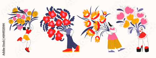 People with bouquets of flowers. Cartoon mascots with various bouquets of peonies, daisies, tulips. Holiday gift: mother's day, women's day, valentine's day. Vector doodle groovy characters