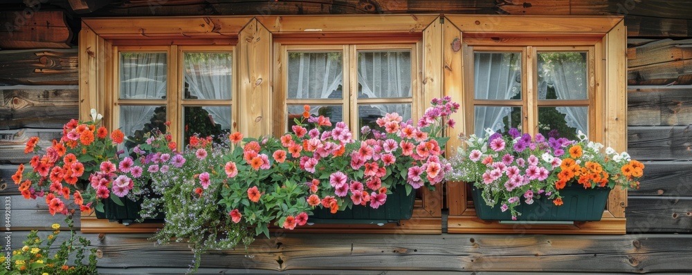 Fototapeta premium Flower-filled window boxes on a cottage