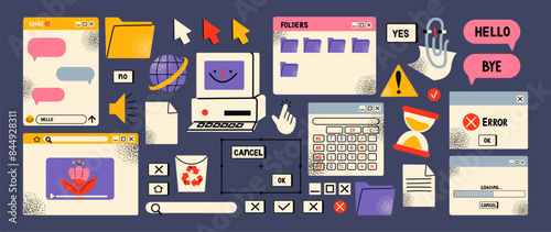 Retro cartoon set of web pages pc.old computer style. geometric frames in 90s memphis style. Set of user interface elements. Retro browser computer window. Y2k vector promo doodle comic banner 

