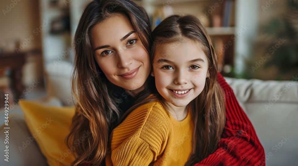 Mother and Daughter Enjoying Quality Time Together at Home with Warm Smiles and a Cozy Environment. Perfect for Family Moments and Happy Times Concepts. Photography Style is Natural and Candid. AI