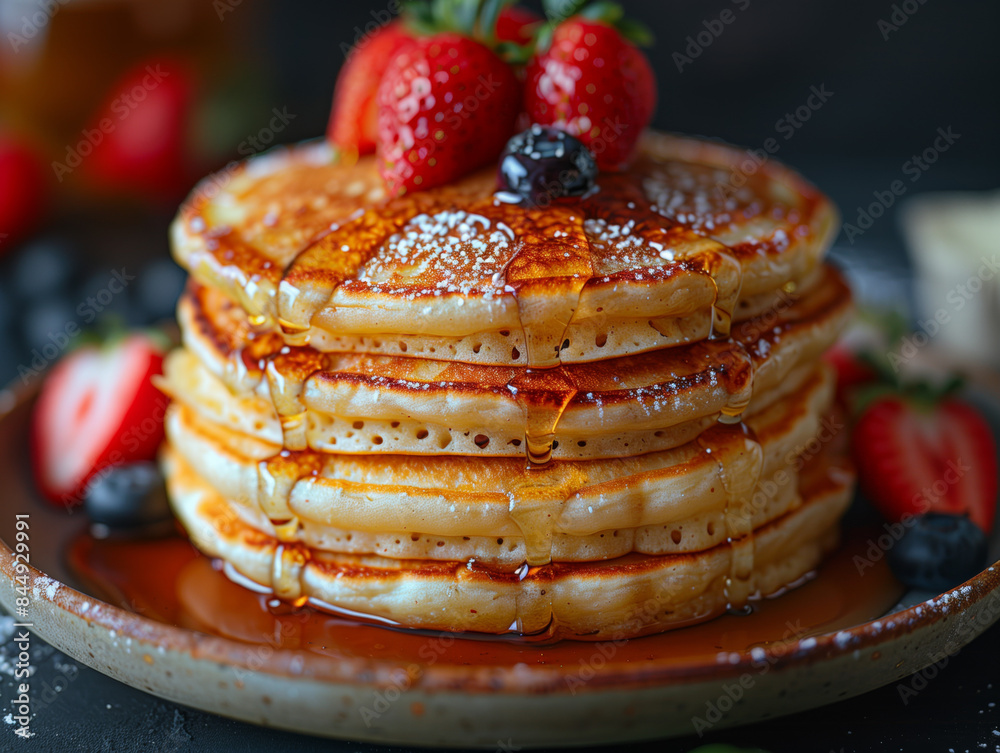 Delicious Stack of Pancakes with Honey and Fresh Strawberry and Bluberry Delicious Stack of Pancakes with Honey and Fresh Strawberry and Bluberry