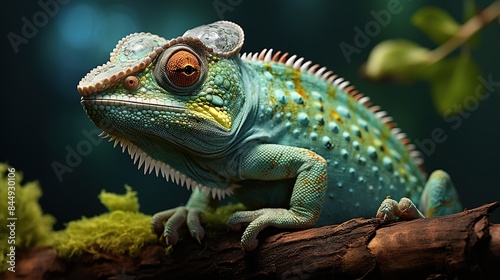 Colorful chameleon on the branch with bokeh background