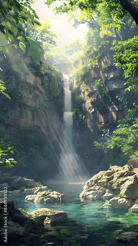 Majestic Waterfall Cascading Over Rugged Cliff with Lush Foliage and Tranquil Pool, Sunlight Penetrates Through Treetops Creating a Serene Natural Scene Majestic Waterfall Cascading Over Rugged Cliff with Lush Foliage and Tranquil Pool, Sunlight Penetrates Through Treetops Creating a Serene Natural Scene