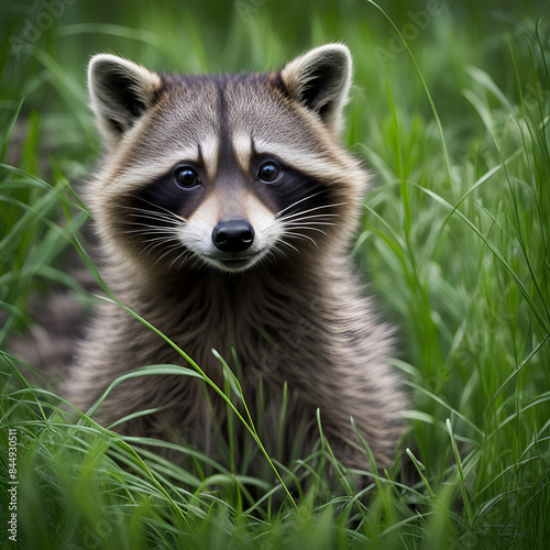 cute raccoon peeks out from the thickets of grass