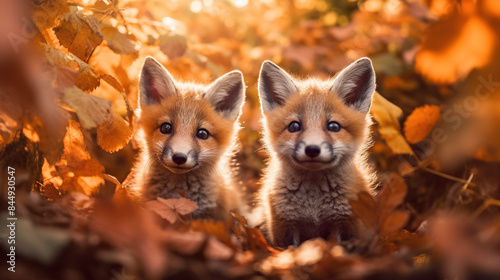 Two baby foxes sitting in fall leaves Generative AI