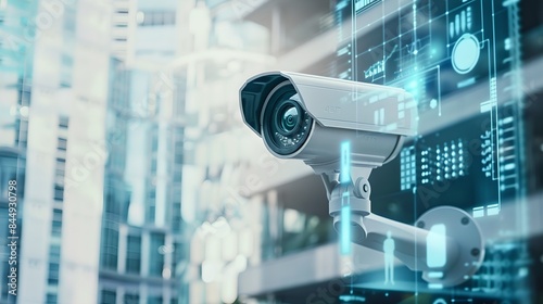 Fototapeta Naklejka Na Ścianę i Meble -  CCTV camera with futuristic digital interface on city building background. Modern surveillance and security system concept. Artificial intelligence and recognition technology. Banner with copy space