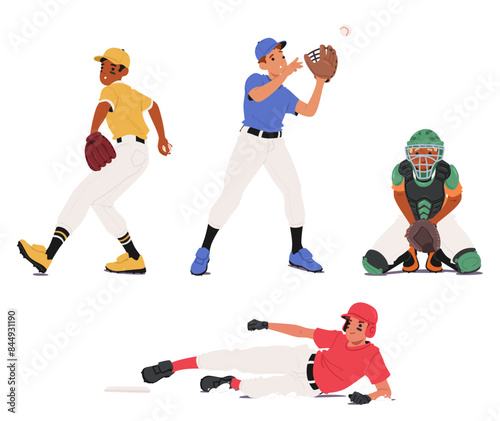 Cartoon Baseball Players In Various Actions Pitching, Catching, And Sliding Into Base. Vector Illustration For Sport