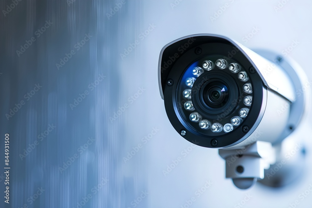 Close-up of CCTV camera on gray background. Modern surveillance system technology concept. Electronic device for security and control. Banner with copy space Close-up of CCTV camera on gray background. Modern surveillance system technology concept. Electronic device for security and control. Banner with copy space