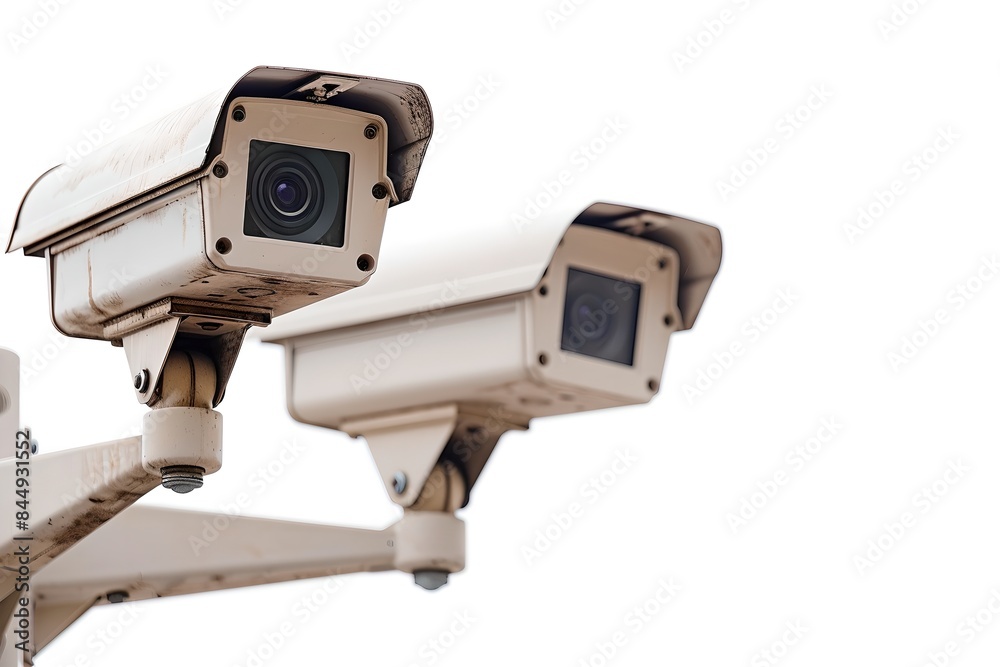 Two CCTV cameras isolated on a white background. Modern surveillance system technology concept. Electronic device for security and control. 