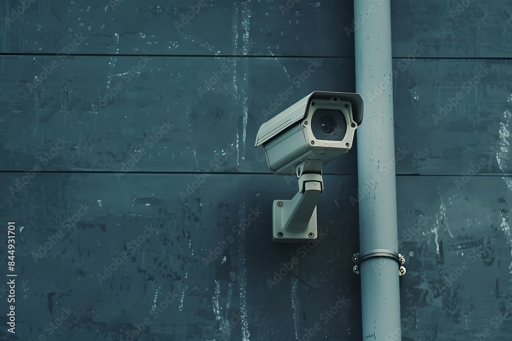 CCTV camera on building wall. Advanced surveillance system technology concept. Electronic device for security and control. Minimalistic composition with copy space CCTV camera on building wall. Advanced surveillance system technology concept. Electronic device for security and control. Minimalistic composition with copy space