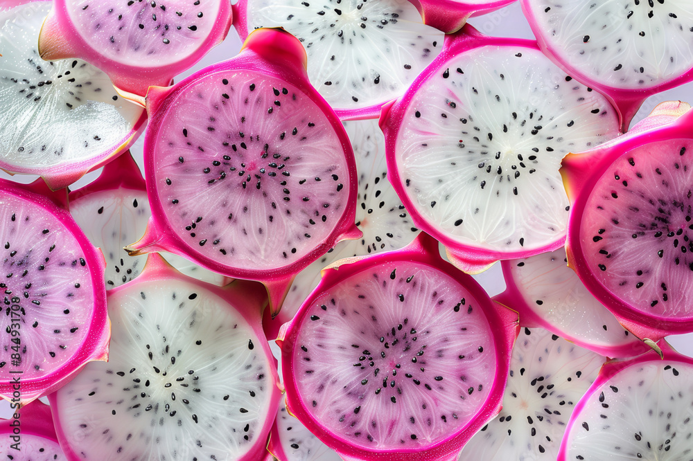 Artistic composition of dragon fruit halves arranged in a pattern, highlighting the unique white flesh and black seeds.. AI generated. Artistic composition of dragon fruit halves arranged in a pattern, highlighting the unique white flesh and black seeds.. AI generated.