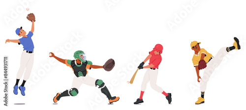 Four Baseball Players Catcher, Batter, Fielder And Pitcher In Different Action Poses. Cartoon Vector Concept of Sports