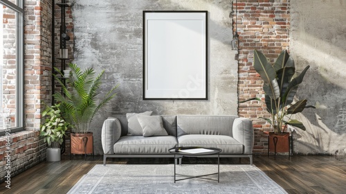 Frame mockup, living room interior in loft, industrial style.