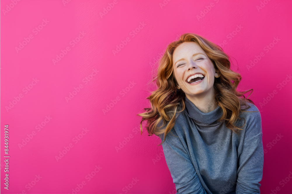Young laughing woman against pink background Young laughing woman against pink background