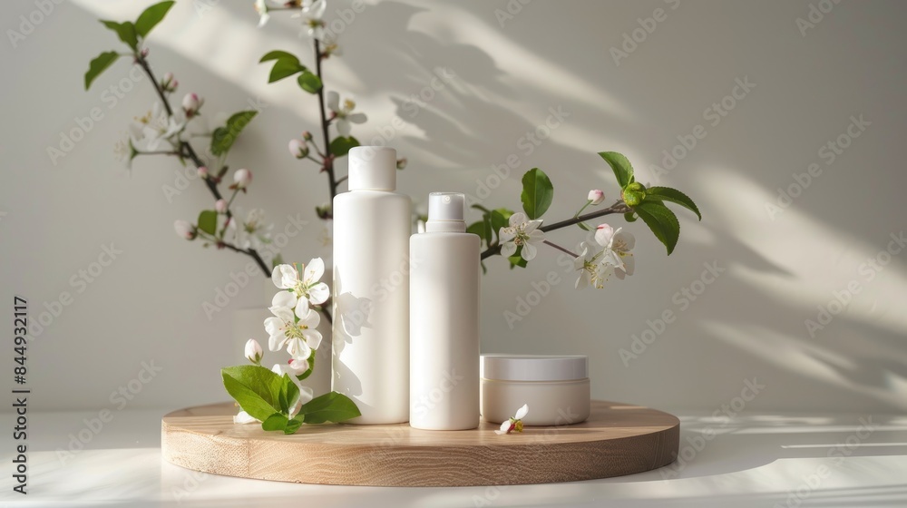 Cosmetic products on white bottles displayed on wooden stand with apple blossoms on light surface Cosmetic products on white bottles displayed on wooden stand with apple blossoms on light surface