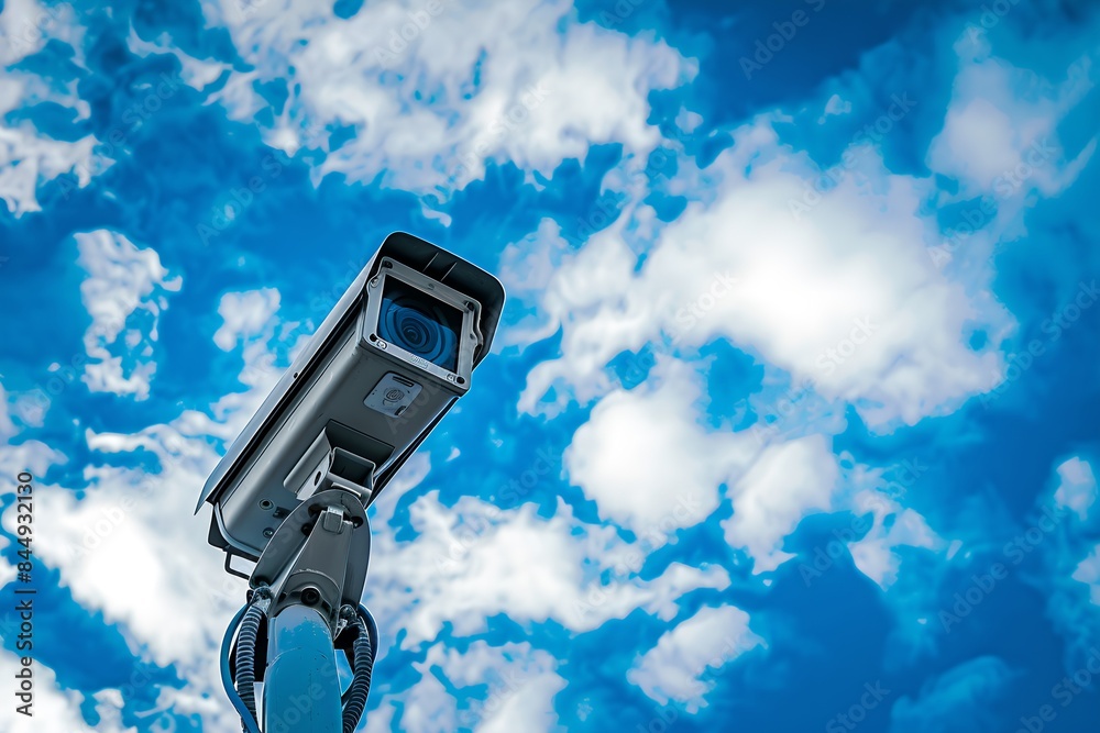 CCTV camera against blue sky with clouds. Surveillance system technology concept. Electronic device for security and control. Banner with copy space