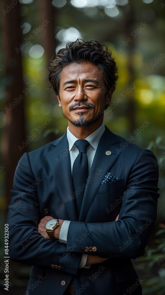 Japanese middle-aged man in a suit and tie smiling while checking his watch, surrounded by green trees Japanese middle-aged man in a suit and tie smiling while checking his watch, surrounded by green trees