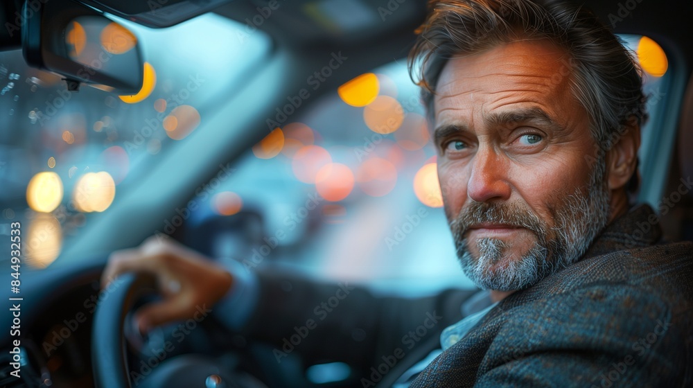 Middle aged man driving a car in a suit, hand on steering wheel, side view through windshield Middle aged man driving a car in a suit, hand on steering wheel, side view through windshield
