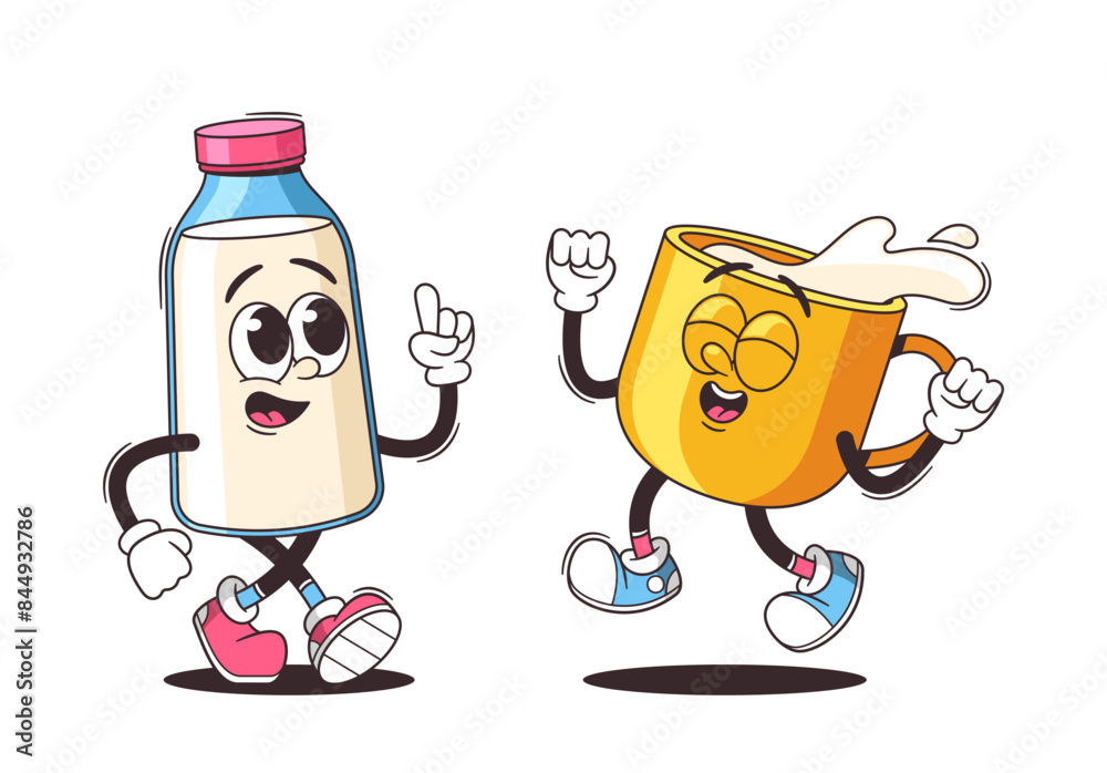 Two Cheerful Cartoon Characters, A Milk Bottle And A Cup, Enjoying A Dance. Lively Cartoon Vector Colorful Illustration