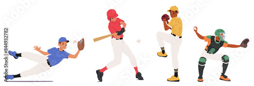 Four Baseball Players In Different Actions, Pitching, Hitting, Catching And Fielding. Players In Colorful Uniform