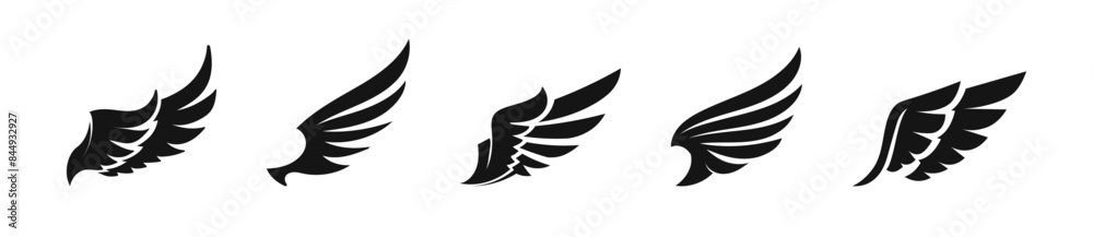Obraz premium Wings vector icon set. Wing flat black icons.