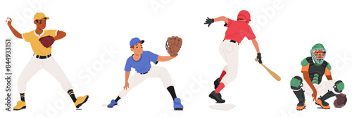Four Baseball Players In Various Action Poses, Including A Pitcher, Catcher, Batter, And Infielder, Vector Concept