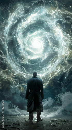 Man Standing in Front of a Majestic Spiral Portal Opening in the Sky