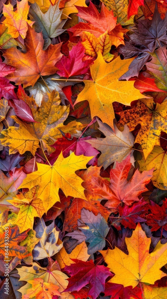 Obraz premium Cozy autumn with a delightful seamless pattern featuring an array of colorful autumn leaves. Banner wallpaper copy space