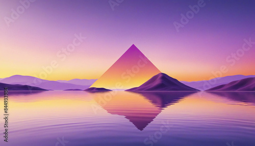 Surreal three-dimensional landscape with geometric terrain and minimalist aesthetic featuring a sunset gradient in violet and yellow  reflecting in a mirror water with glass triangles and hills