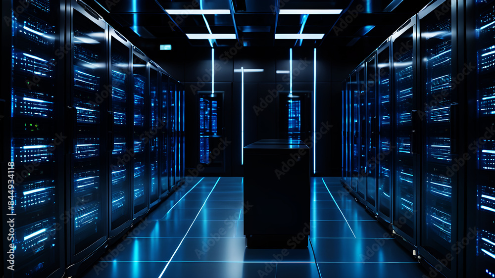 A vast, sleek server room with rows of advanced servers encased in transparent, glowing blue panels. Holographic displays float above the servers, showing real-time data analytics. The room is bathed 