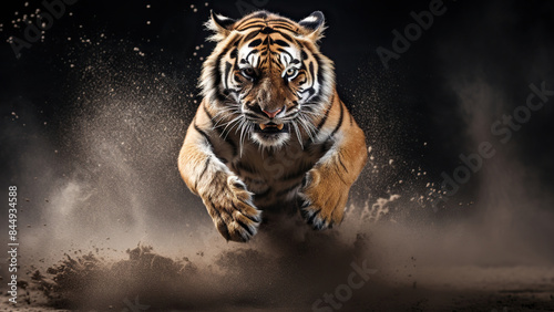 Wild and captivating image of a tiger in full leap, embodying the strength and grace of this magnificent predator.






 photo