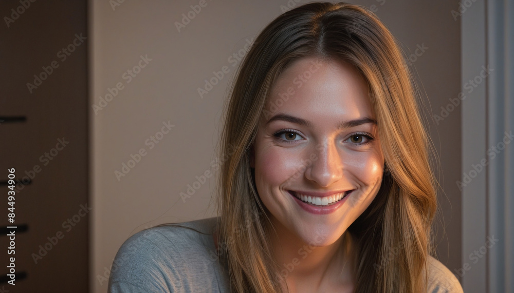 Adult woman with brown hair, smiling and looking directly at the camera in an illuminated indoor setting at night Adult woman with brown hair, smiling and looking directly at the camera in an illuminated indoor setting at night