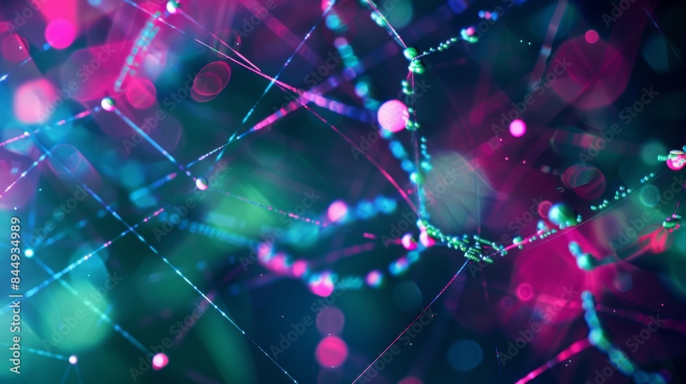 A blurred vibrant web of neon green and neon pink against a dark backdrop hints at a mysterious outofthisworld interface leaving the viewer intrigued and captivated. .