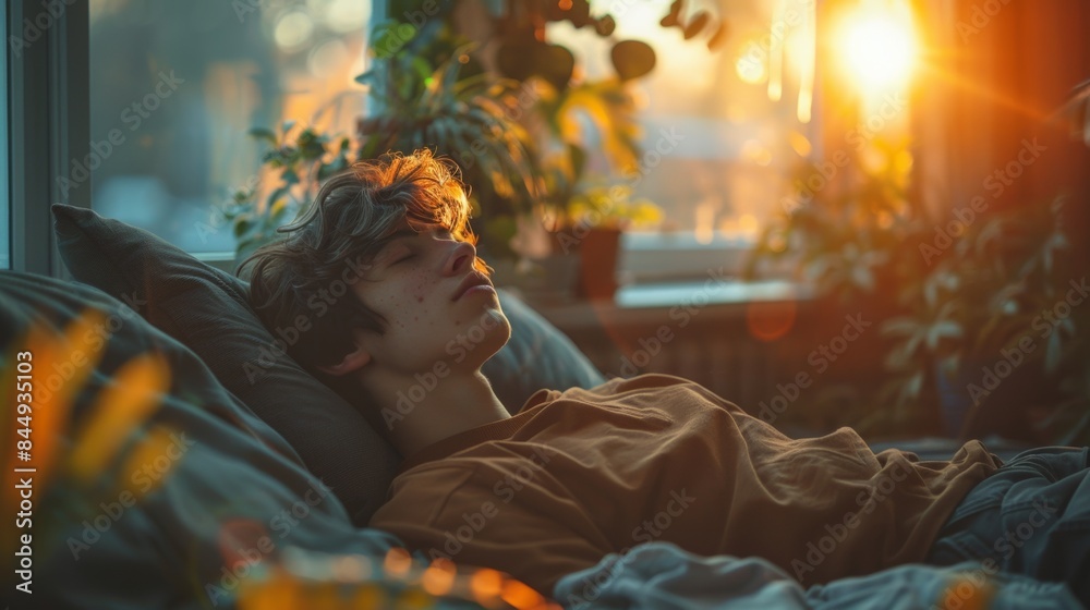 Obraz premium A young man laying on a bed with the sun shining in his face, AI