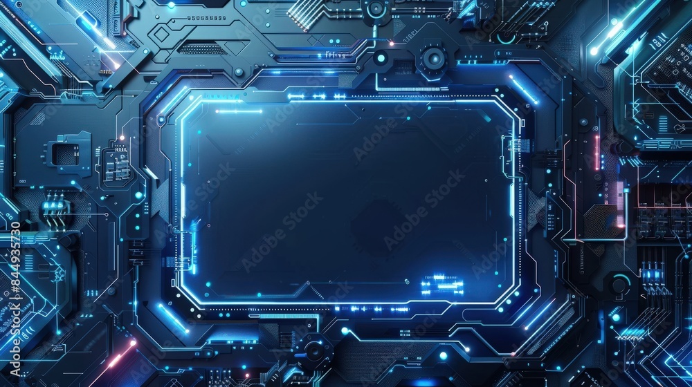 A blue computer screen with a black border. The blue and orange colors give the impression of a futuristic, high-tech environment A blue computer screen with a black border. The blue and orange colors give the impression of a futuristic, high-tech environment