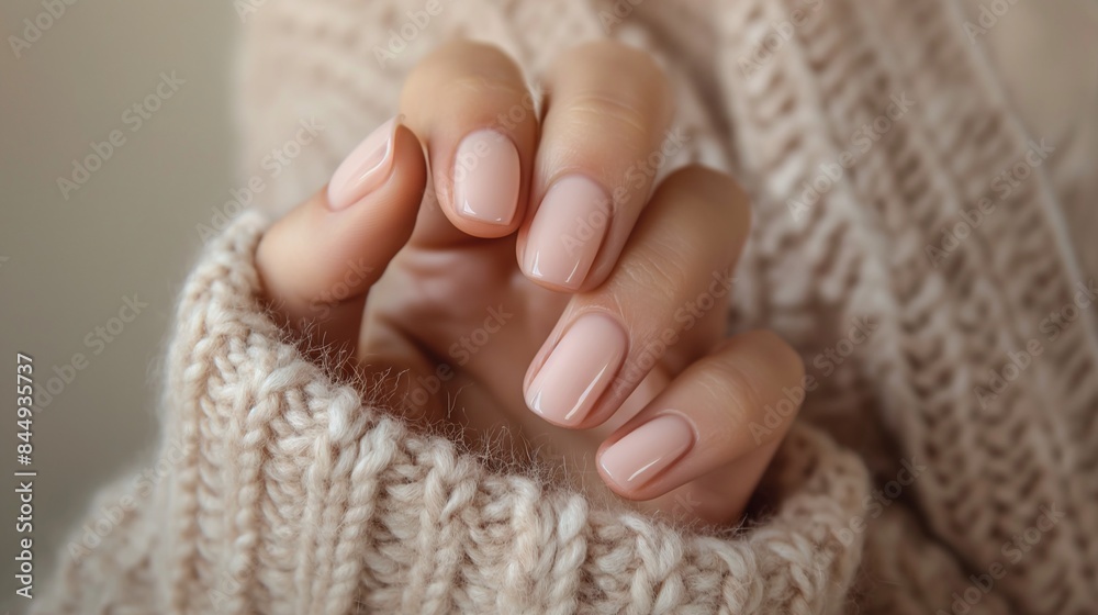 Female hand with beautiful natural manicure - pink beige nude nails , woman in beige sweater showing nails Female hand with beautiful natural manicure - pink beige nude nails , woman in beige sweater showing nails