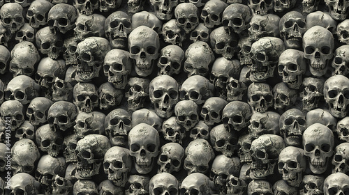 Grungy Artistic Illustrations of Stacked Human Skulls in Distressed Style. Seamless Repeatable Background.