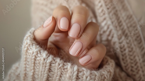 Female hand with beautiful natural manicure - pink beige nude nails , woman in beige sweater showing nails