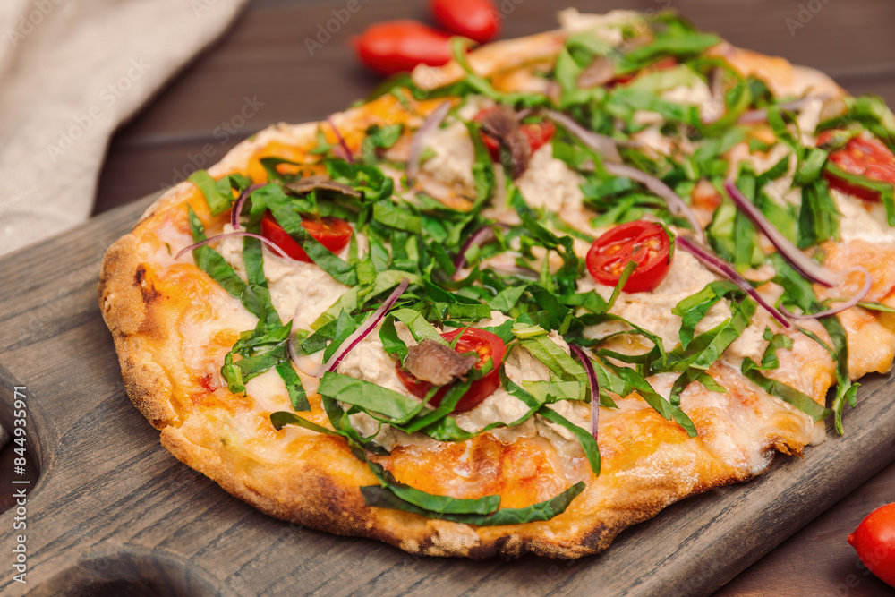 Neapolitan pizza with vegetables and anchovies close-up Neapolitan pizza with vegetables and anchovies close-up