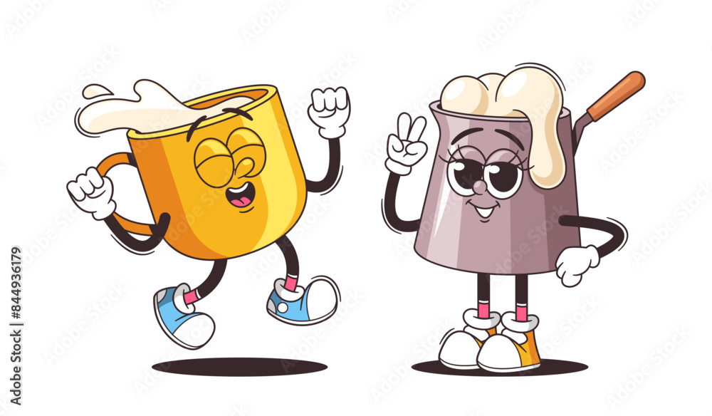 Two Lively Dairy Product Cartoon Vector Retro Style Characters. Cheerful Yellow Mug With Splashing Milk, And Playful Pot