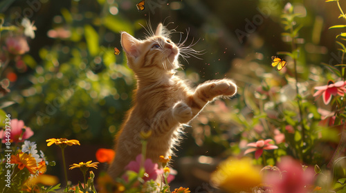 Cat joyfully jumping in a field of flowers