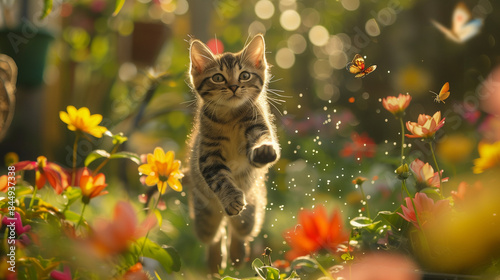 Cat joyfully jumping in a field of flowers
