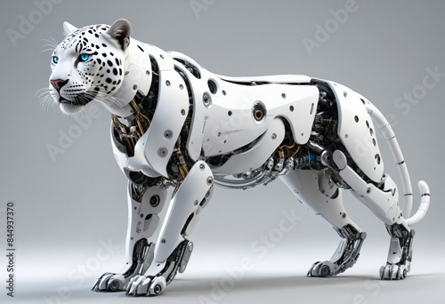 White robotic leopard on transparent background  isolated cybernetic machine with futuristic science fiction design