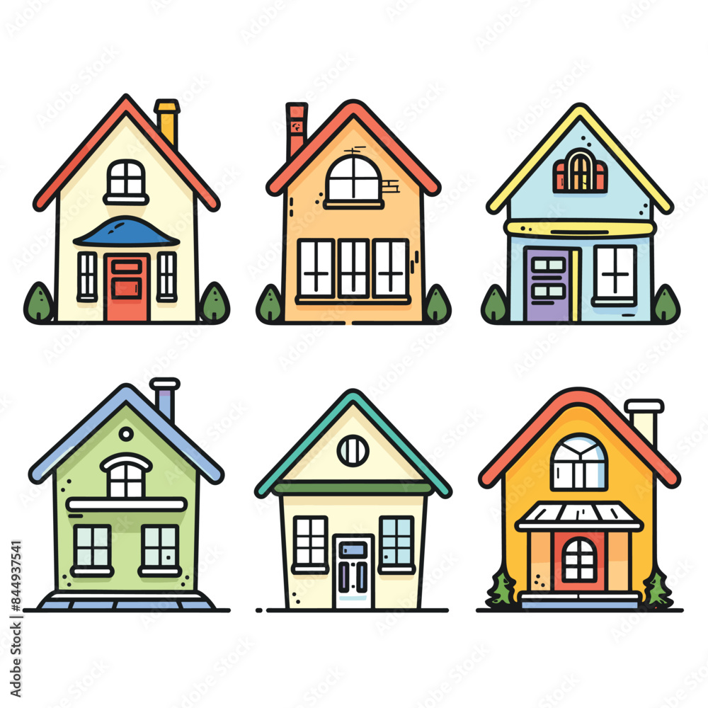 Six colorful cartoon houses line art styles varied designs. Suburban homes vector illustrations set featuring different shapes, colors, windows, roofs. Bright residential houses cute detailed Six colorful cartoon houses line art styles varied designs. Suburban homes vector illustrations set featuring different shapes, colors, windows, roofs. Bright residential houses cute detailed