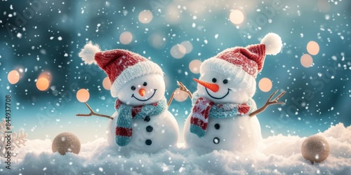 Winter holiday christmas background banner - Closeup of two cute funny laughing snowmen couple with wool hat and scarf, on snowy snow snowscape with bokeh lights (Generative, Generative AI