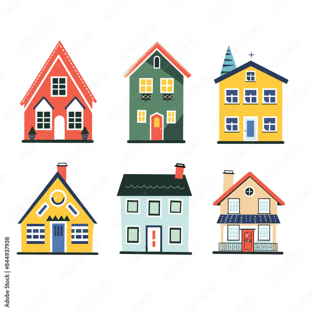 Five different colorful cartoonstyle houses isolated white background. Simple residential structures cute home designs various roofs windows doors. Cozy neighborhood concept collection quaint homes Five different colorful cartoonstyle houses isolated white background. Simple residential structures cute home designs various roofs windows doors. Cozy neighborhood concept collection quaint homes